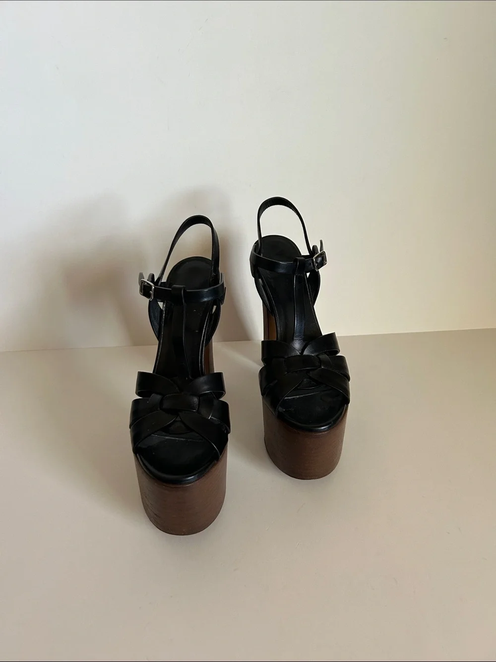 Saint Laurent Black Leather Platform Wedge Sandals with Wood-Effect Heel